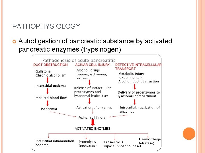 PATHOPHYSIOLOGY Autodigestion of pancreatic substance by activated pancreatic enzymes (trypsinogen) PATHOPHYSIOLOGY Autodigestion of pancreatic substance by activated pancreatic enzymes (trypsinogen)
