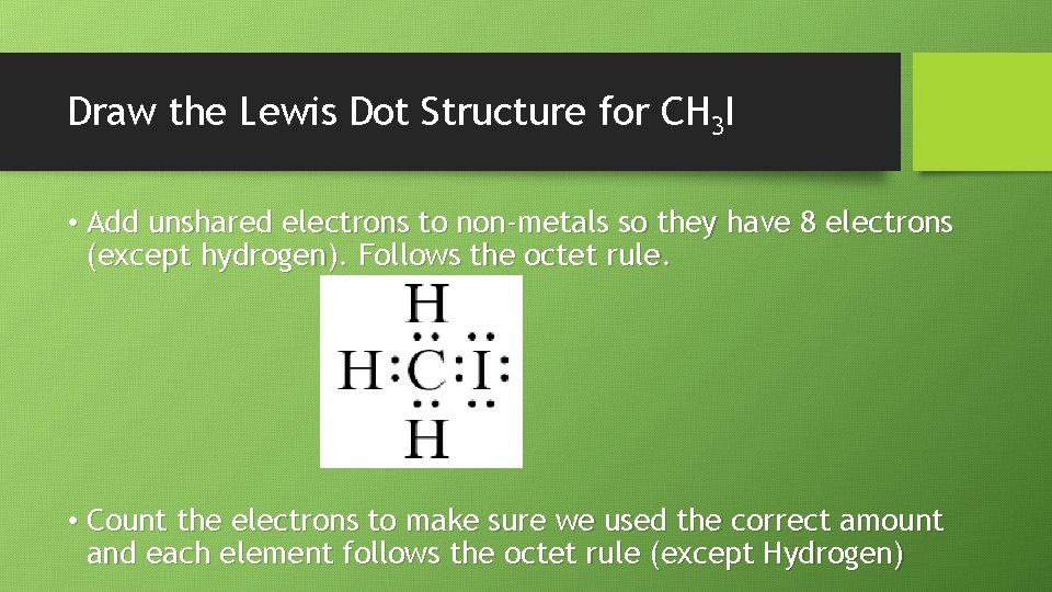 Draw the Lewis Dot Structure for CH 3 I • Add unshared electrons to