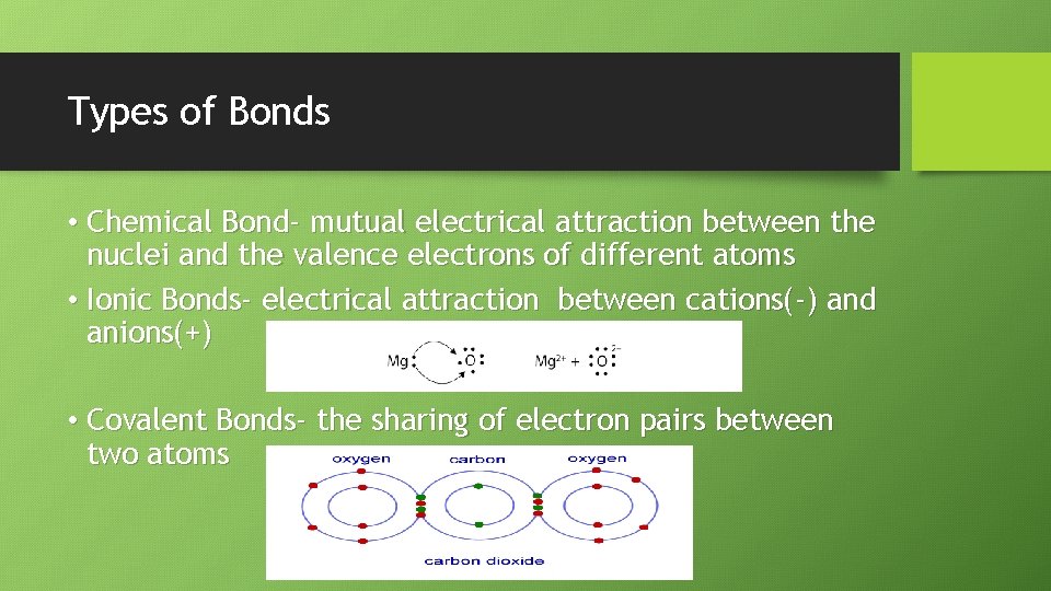 Types of Bonds • Chemical Bond- mutual electrical attraction between the nuclei and the