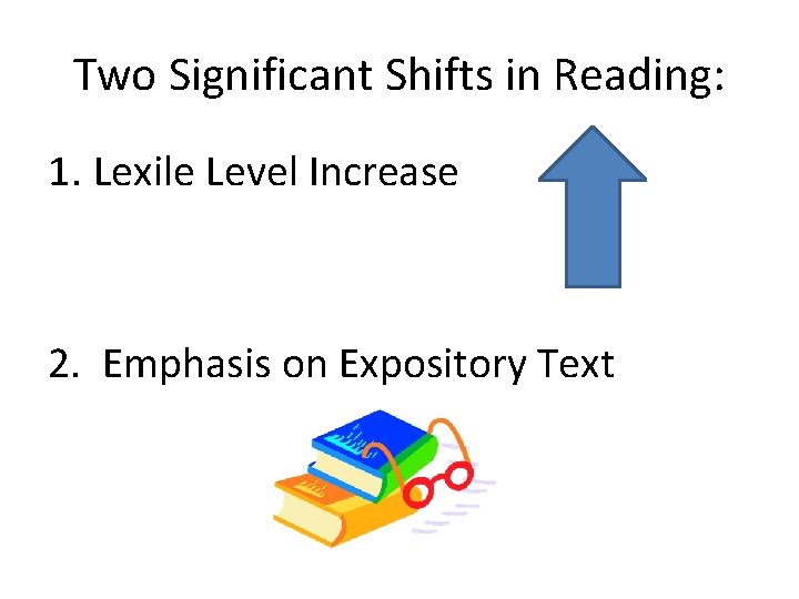 Two Significant Shifts in Reading: 1. Lexile Level Increase 2. Emphasis on Expository Text
