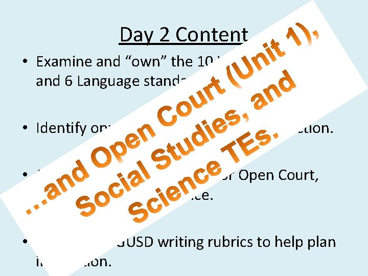 Day 2 Content • Examine and “own” the 10 Writing standards and 6 Language