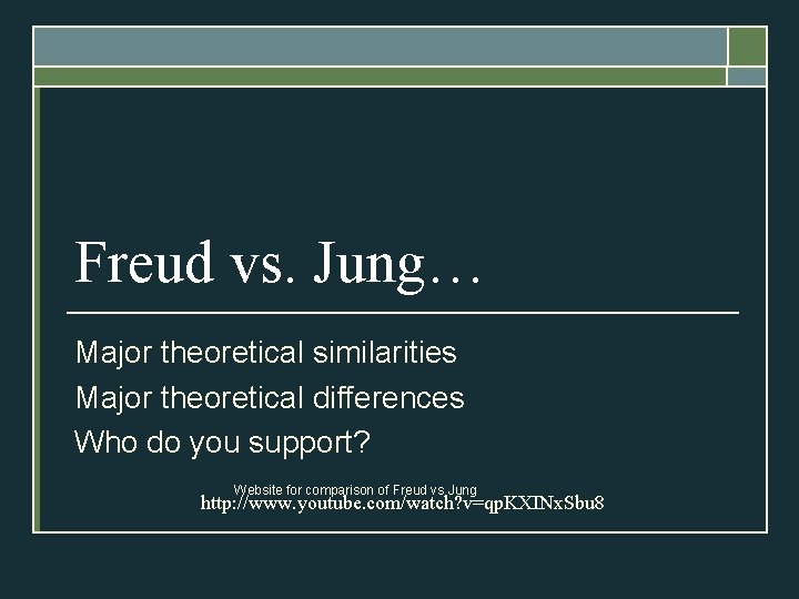 Freud vs. Jung… Major theoretical similarities Major theoretical differences Who do you support? Website