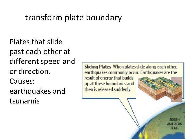 transform plate boundary Plates that slide past each other at different speed and or transform plate boundary Plates that slide past each other at different speed and or