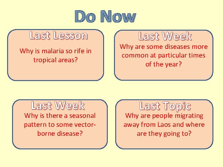 Do Now Last Lesson Last Week Why is malaria so rife in tropical areas?