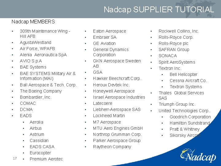 Nadcap SUPPLIER TUTORIAL Nadcap MEMBERS • 309 th Maintenance Wing Hill AFB • Agusta.