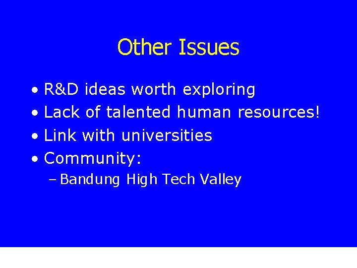 Other Issues • R&D ideas worth exploring • Lack of talented human resources! •