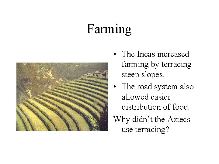 Farming • The Incas increased farming by terracing steep slopes. • The road system