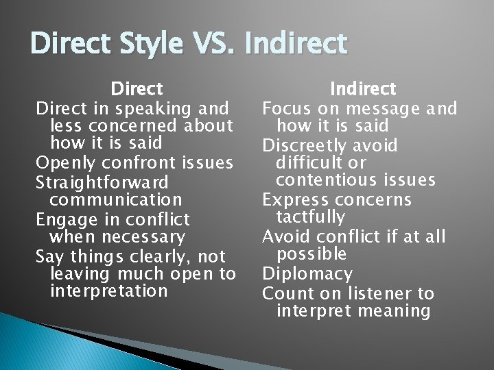 Direct Style VS. Indirect Direct in speaking and less concerned about how it is