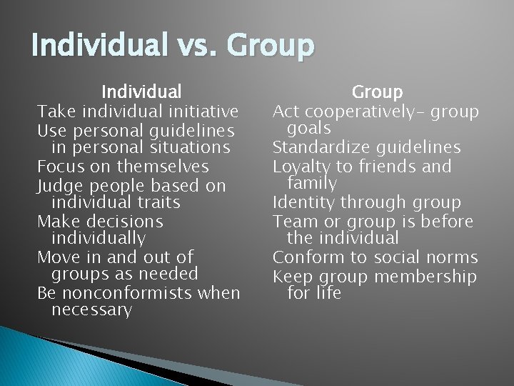 Individual vs. Group Individual Take individual initiative Use personal guidelines in personal situations Focus