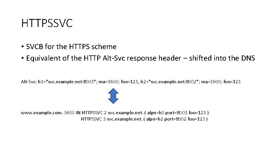 HTTPSSVC • SVCB for the HTTPS scheme • Equivalent of the HTTP Alt-Svc response