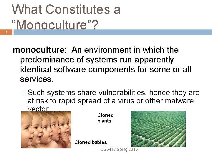 3 What Constitutes a “Monoculture”? monoculture: An environment in which the predominance of systems