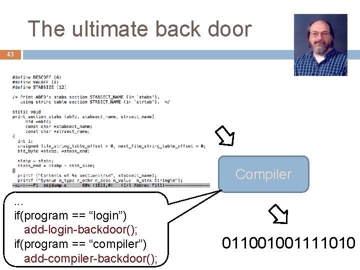 The ultimate back door 43 Compiler. . . if(program == “login”) add-login-backdoor(); if(program ==