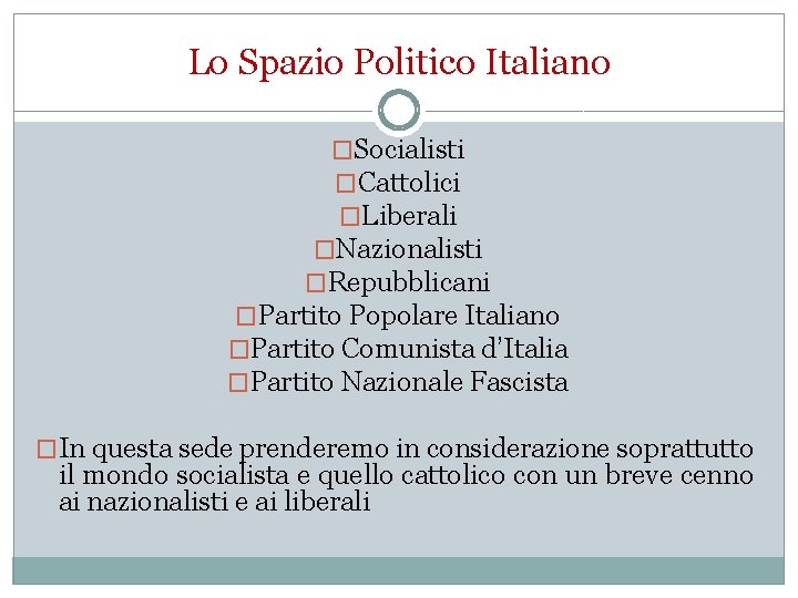 Lo Spazio Politico Italiano �Socialisti �Cattolici �Liberali �Nazionalisti �Repubblicani �Partito Popolare Italiano �Partito Comunista