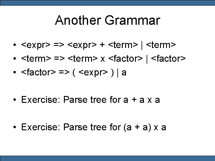 Another Grammar • <expr> => <expr> + <term> | <term> • <term> => <term>