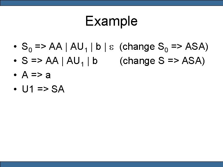 Example • • S 0 => AA | AU 1 | b | e