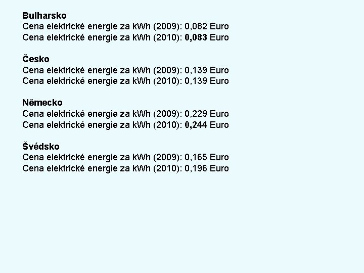 Bulharsko Cena elektrické energie za k. Wh (2009): 0, 082 Euro Cena elektrické energie