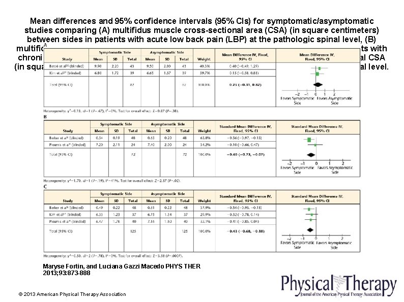 Mean differences and 95% confidence intervals (95% CIs) for symptomatic/asymptomatic studies comparing (A) multifidus
