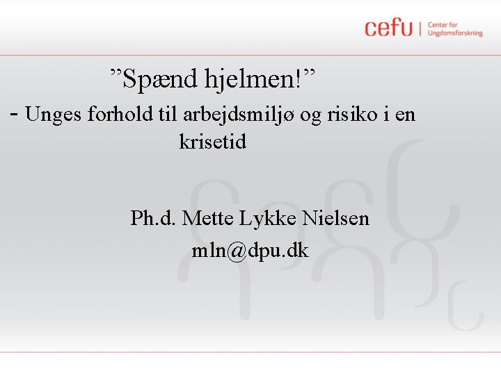 ”Spænd hjelmen!” - Unges forhold til arbejdsmiljø og risiko i en krisetid Ph. d.