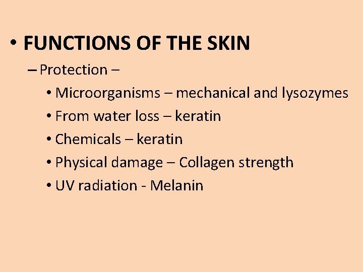  • FUNCTIONS OF THE SKIN – Protection – • Microorganisms – mechanical and