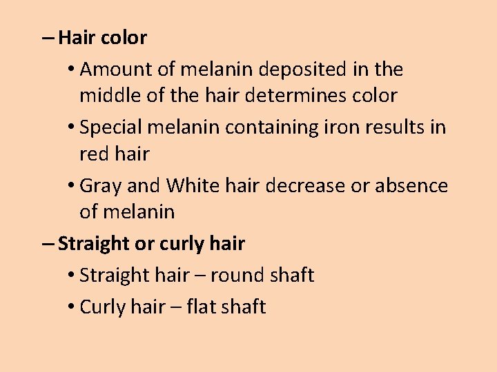 – Hair color • Amount of melanin deposited in the middle of the hair