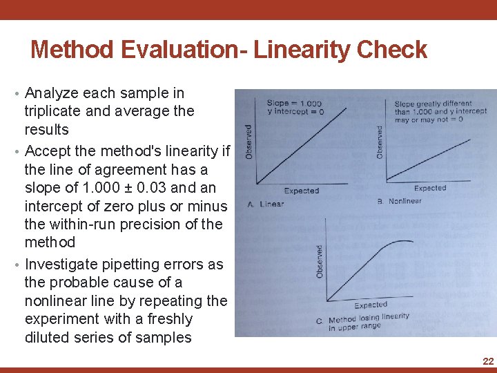 Method Evaluation- Linearity Check • Analyze each sample in triplicate and average the results