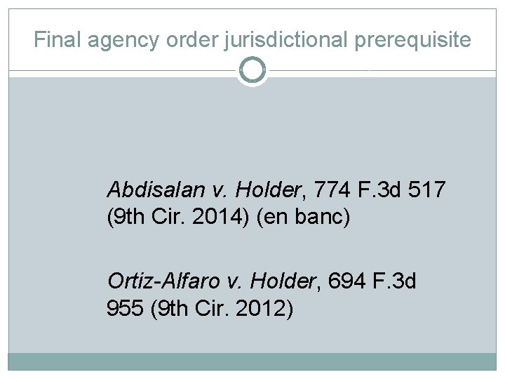 Final agency order jurisdictional prerequisite Abdisalan v. Holder, 774 F. 3 d 517 (9
