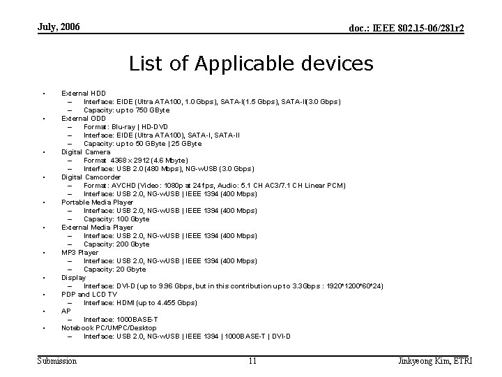 July, 2006 doc. : IEEE 802. 15 -06/281 r 2 List of Applicable devices