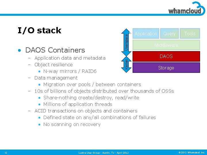  • DAOS Containers Userspace I/O stack Application Query Tools Middleware Kernel DAOS –