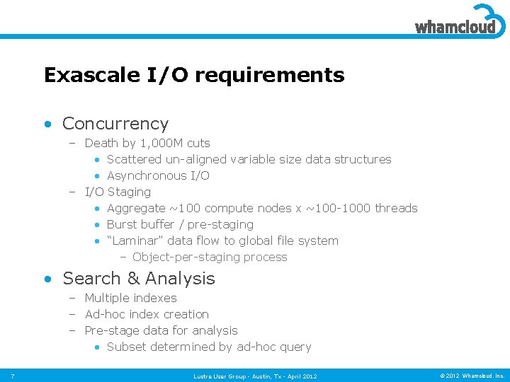 Exascale I/O requirements • Concurrency – Death by 1, 000 M cuts • Scattered