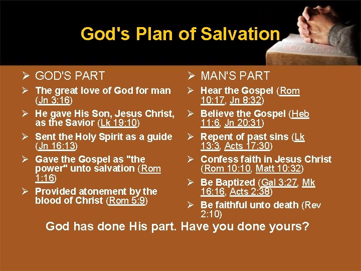 God's Plan of Salvation Ø GOD'S PART Ø MAN'S PART Ø The great love