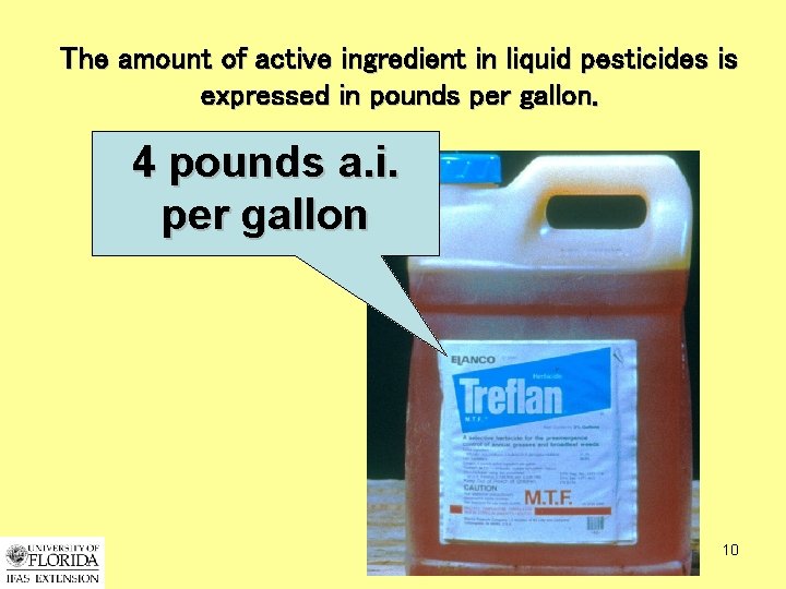 The amount of active ingredient in liquid pesticides is expressed in pounds per gallon.