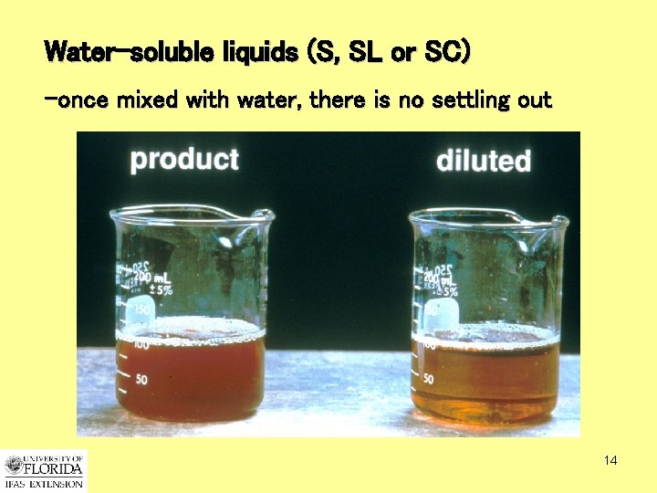 Water-soluble liquids (S, SL or SC) -once mixed with water, there is no settling
