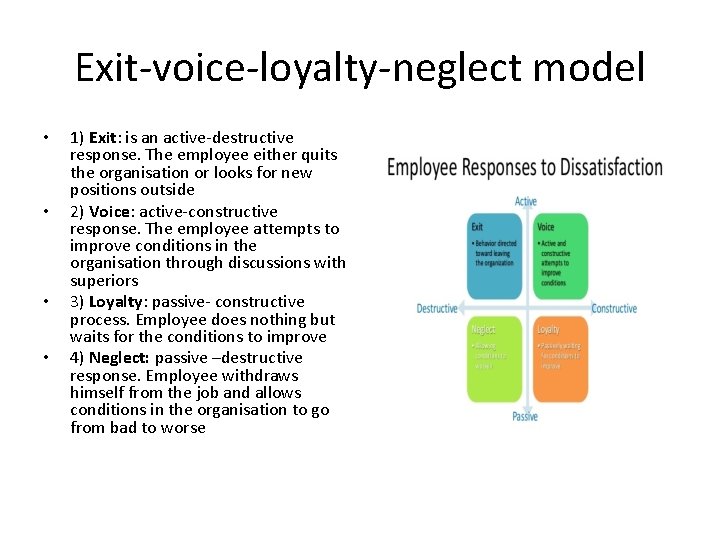 Exit-voice-loyalty-neglect model • • 1) Exit: is an active-destructive response. The employee either quits