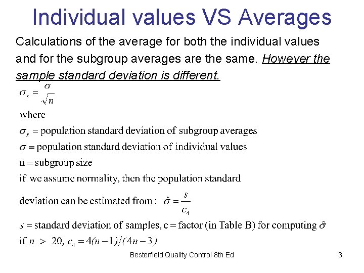 Individual values VS Averages Calculations of the average for both the individual values and Individual values VS Averages Calculations of the average for both the individual values and