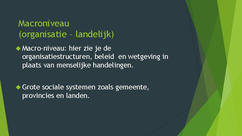 Macroniveau (organisatie – landelijk) Macro-niveau: hier zie je de organisatiestructuren, beleid en wetgeving in Macroniveau (organisatie – landelijk) Macro-niveau: hier zie je de organisatiestructuren, beleid en wetgeving in