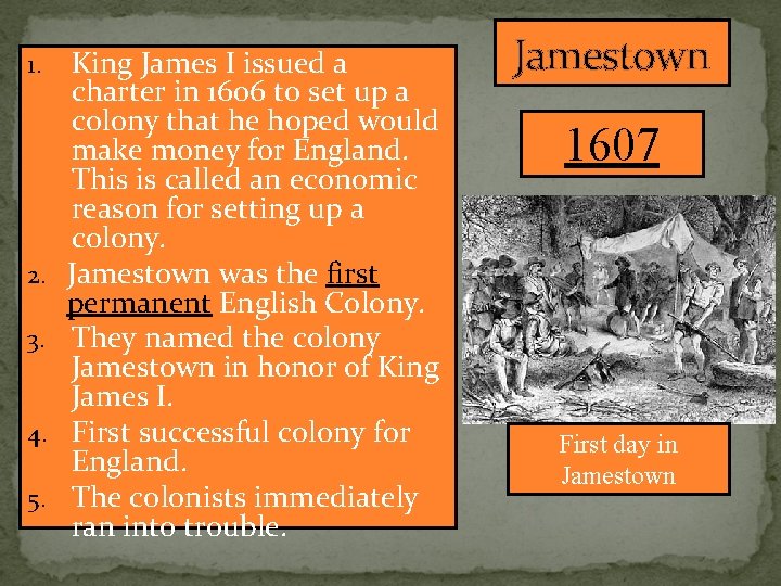 1. 2. 3. 4. 5. King James I issued a charter in 1606 to