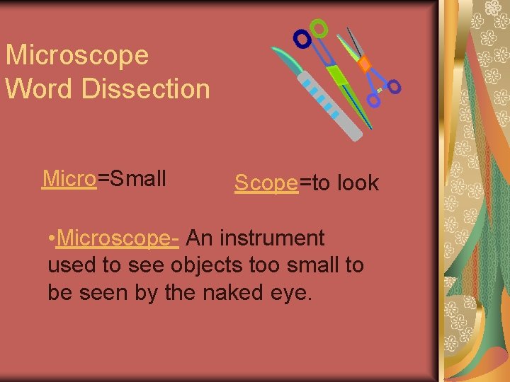 Microscope Word Dissection Micro=Small Scope=to look • Microscope- An instrument used to see objects