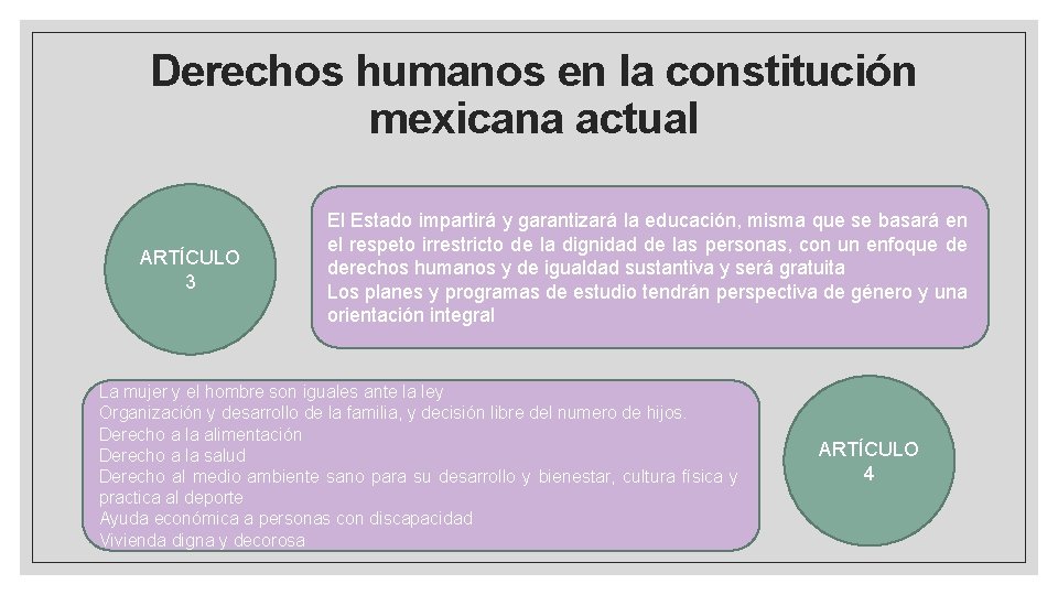 Derechos humanos en la constitución mexicana actual ARTÍCULO 3 El Estado impartirá y garantizará