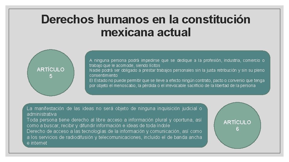 Derechos humanos en la constitución mexicana actual ARTÍCULO 5 A ninguna persona podrá impedirse