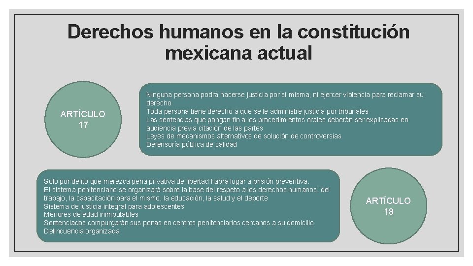 Derechos humanos en la constitución mexicana actual ARTÍCULO 17 Ninguna persona podrá hacerse justicia