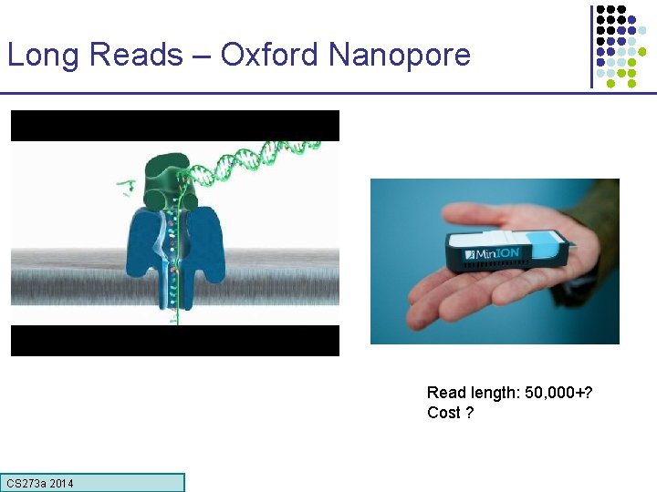Long Reads – Oxford Nanopore Read length: 50, 000+? Cost ? CS 273 a