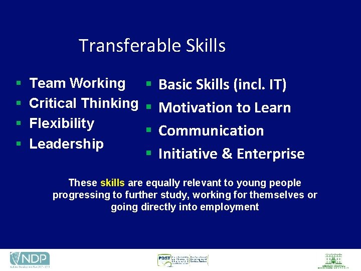 Transferable Skills § § Team Working § Basic Skills (incl. IT) Critical Thinking §