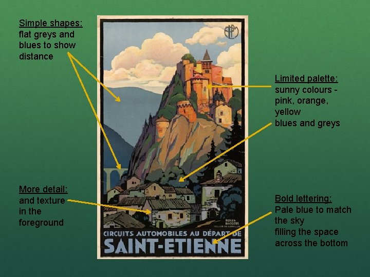 Simple shapes: flat greys and blues to show distance Limited palette: sunny colours pink,