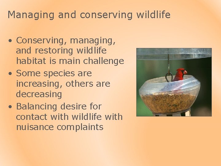 Managing and conserving wildlife • Conserving, managing, and restoring wildlife habitat is main challenge