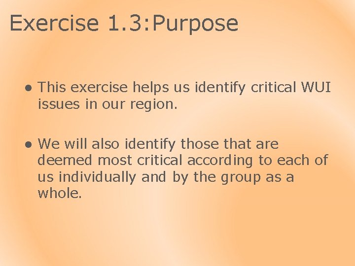 Exercise 1. 3: Purpose l This exercise helps us identify critical WUI issues in