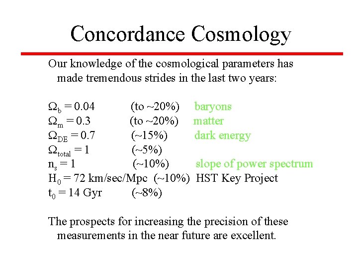 Concordance Cosmology Our knowledge of the cosmological parameters has made tremendous strides in the