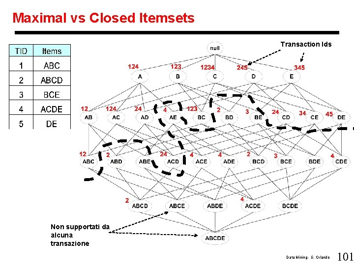 Maximal vs Closed Itemsets Transaction Ids Non supportati da alcuna transazione Data Mining -