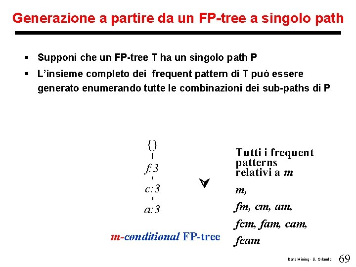 Generazione a partire da un FP-tree a singolo path § Supponi che un FP-tree