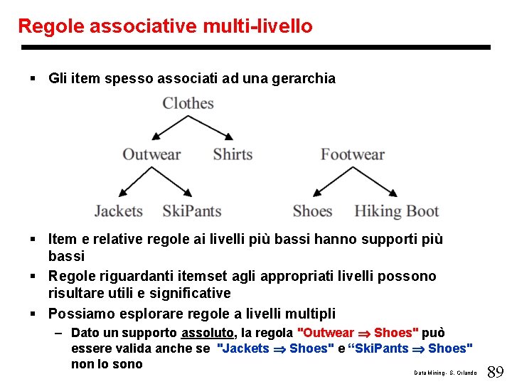 Regole associative multi-livello § Gli item spesso associati ad una gerarchia § Item e