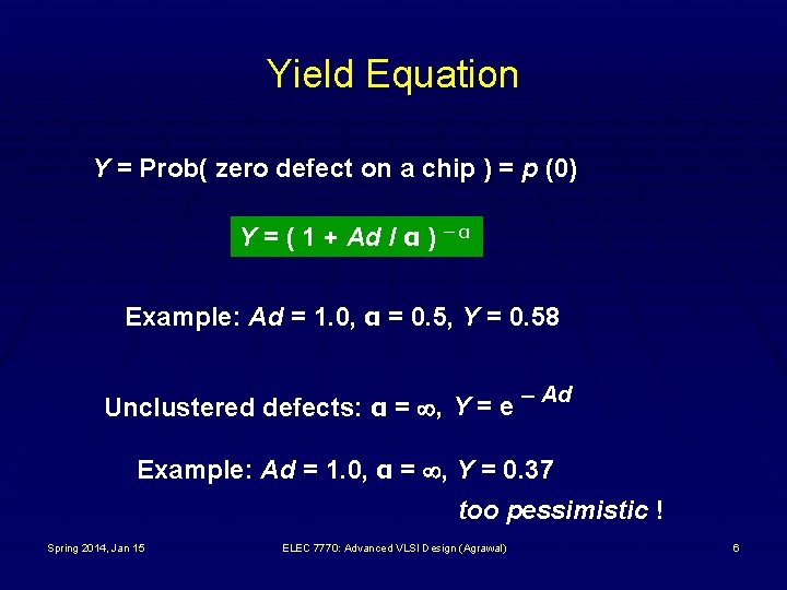 Yield Equation Y = Prob( zero defect on a chip ) = p (0)